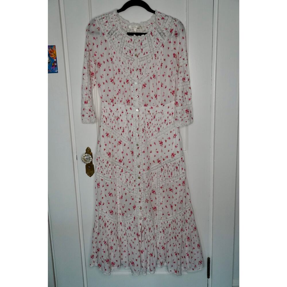 LoveShackFancy Tansu Midi Dress Lace Trim Cotton Button Front Pink Floral Size 6 - Picture 4 of 7